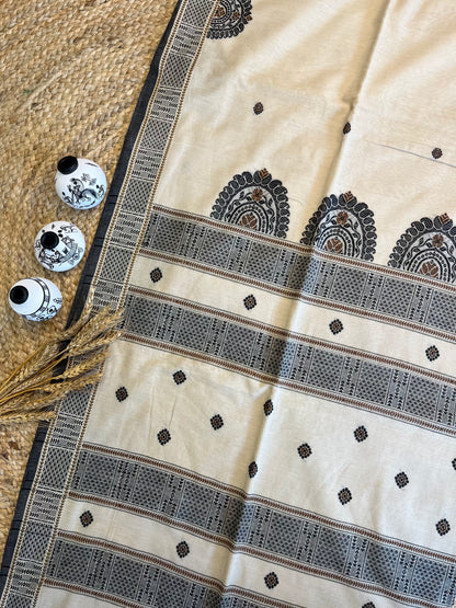 Creamy Charm Saree with Black Paisley Design - WEVOW