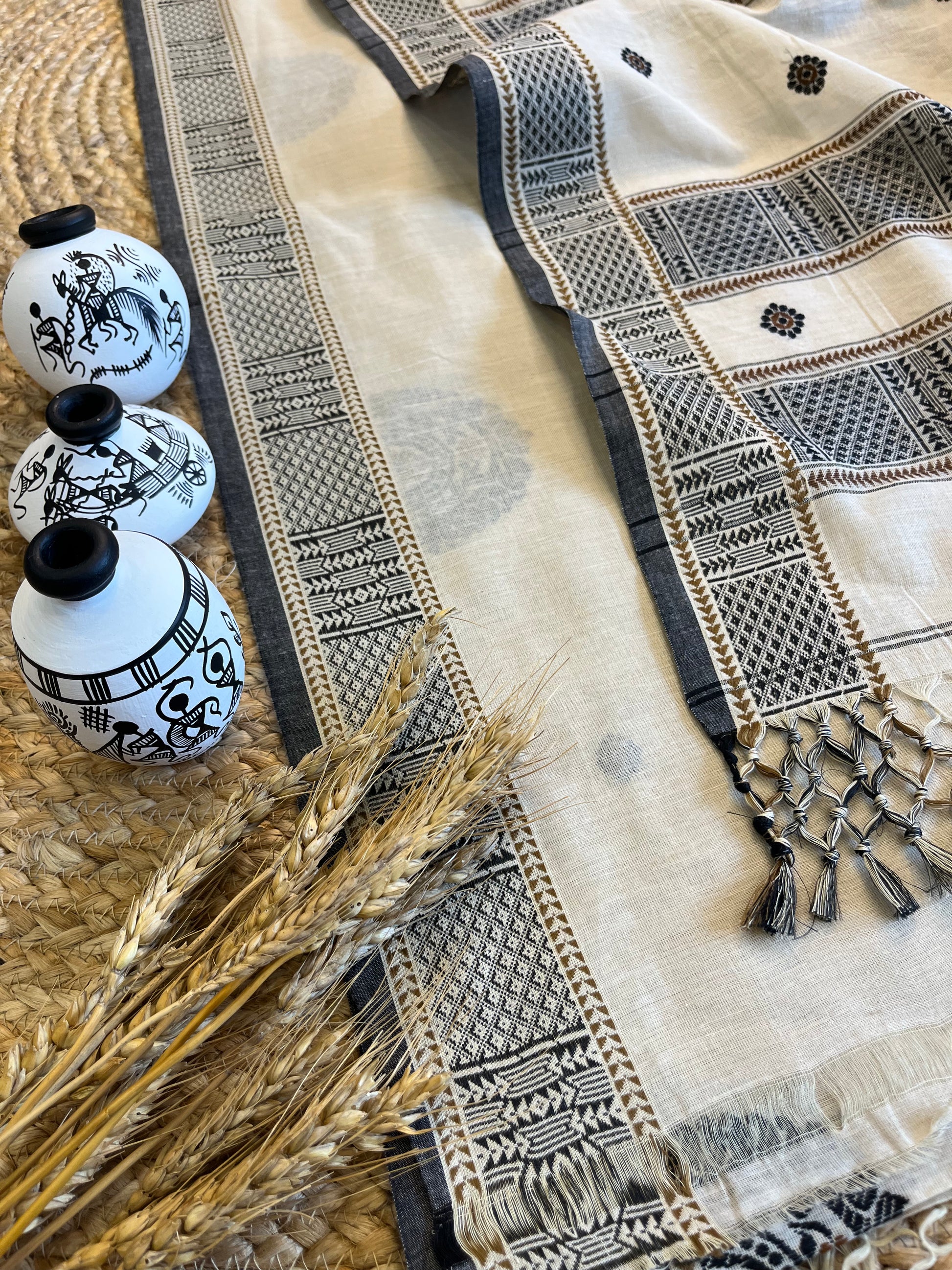 Creamy Charm Saree with Black Paisley Design - WEVOW