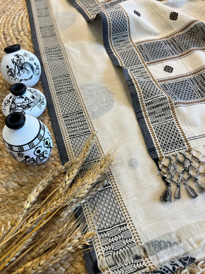 Creamy Charm Saree with Black Paisley Design - WEVOW