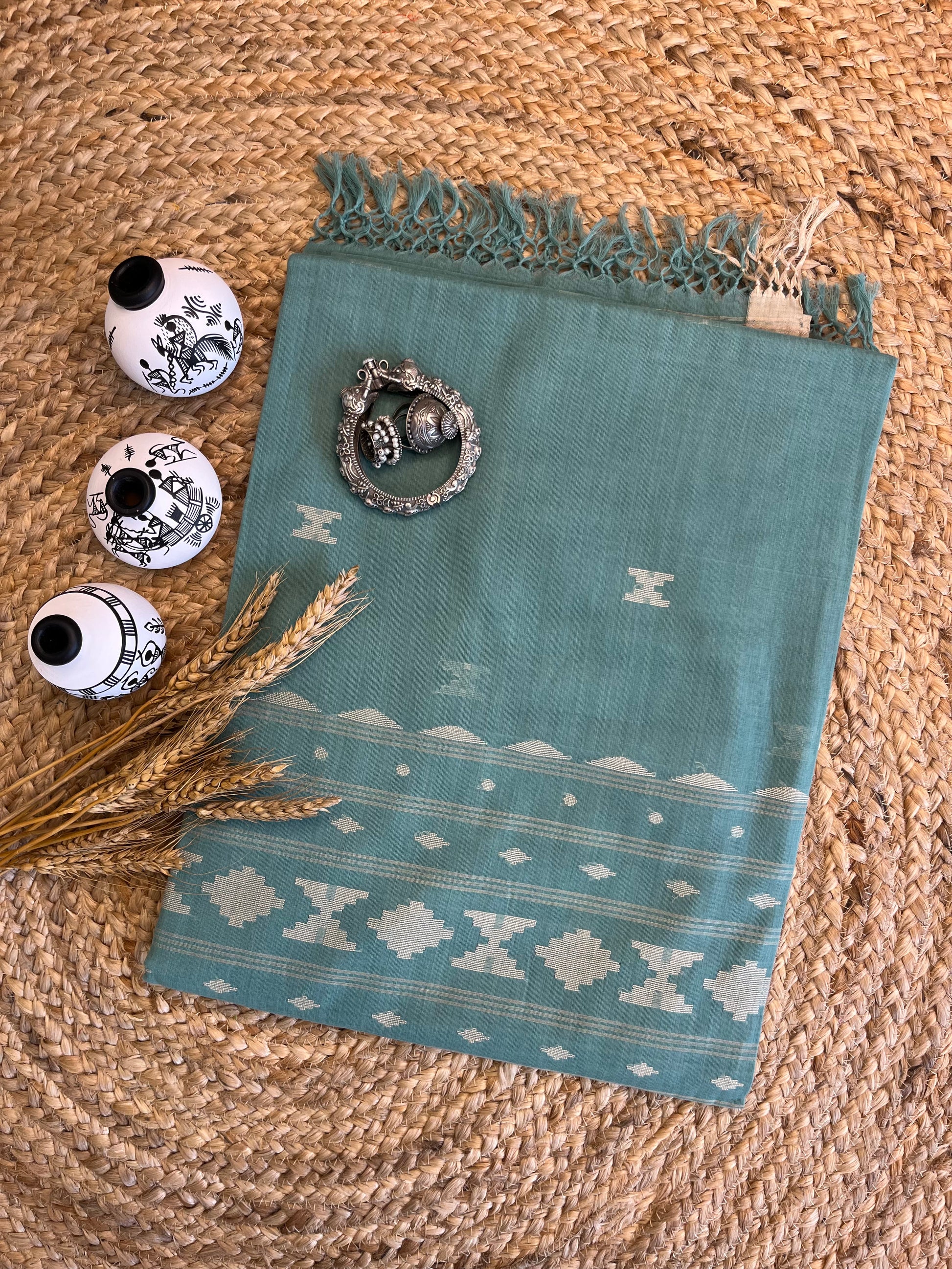 Sea Green Cotton Saree with Beige Border with all over Buta work - WEVOW