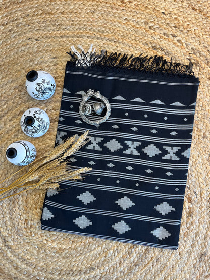 Elegant Black and White Handwoven Cotton Saree with Geometric Patterns - WEVOW