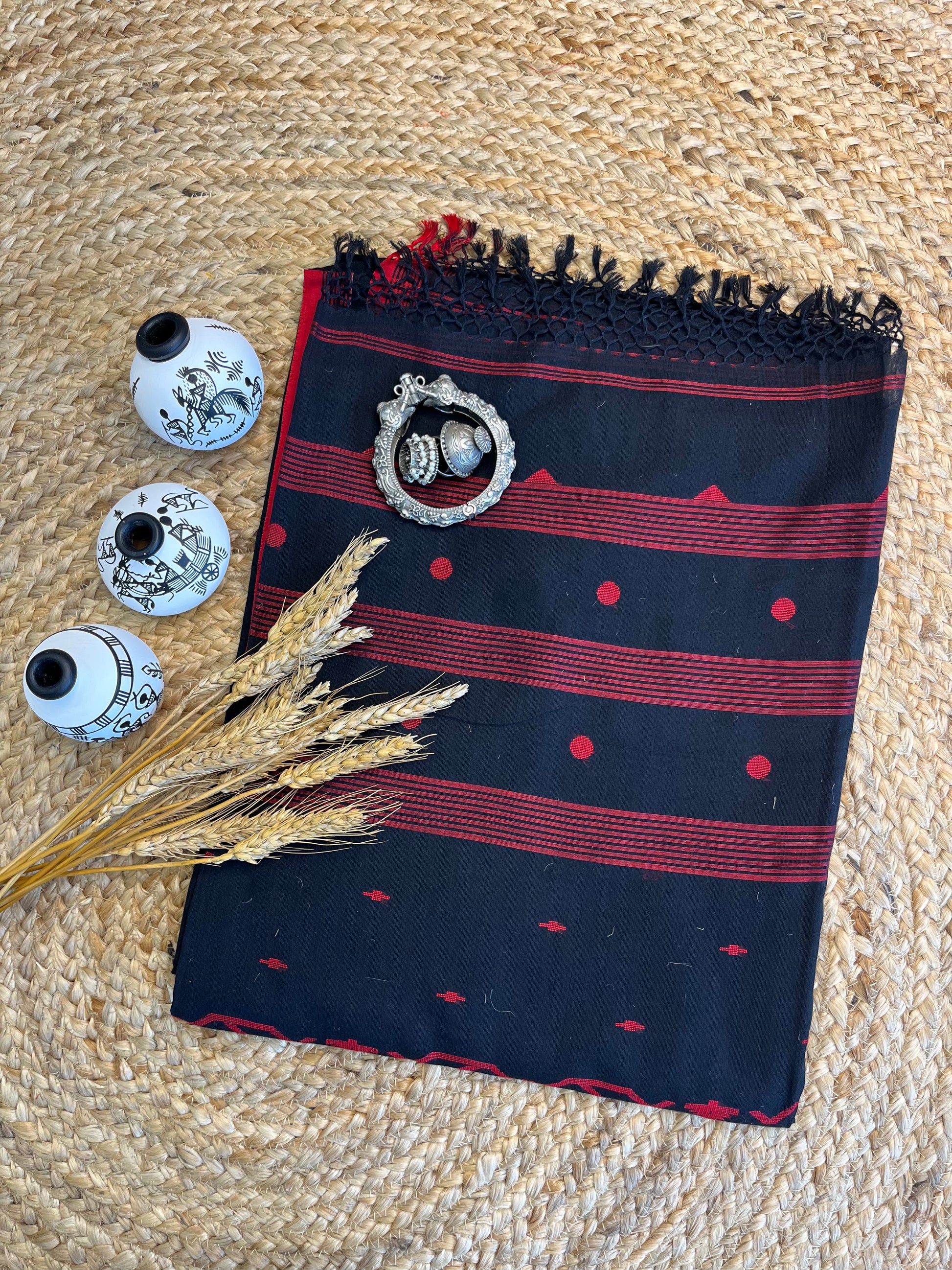 Elegant Black Saree with Red Buta all over in the Saree - WEVOW