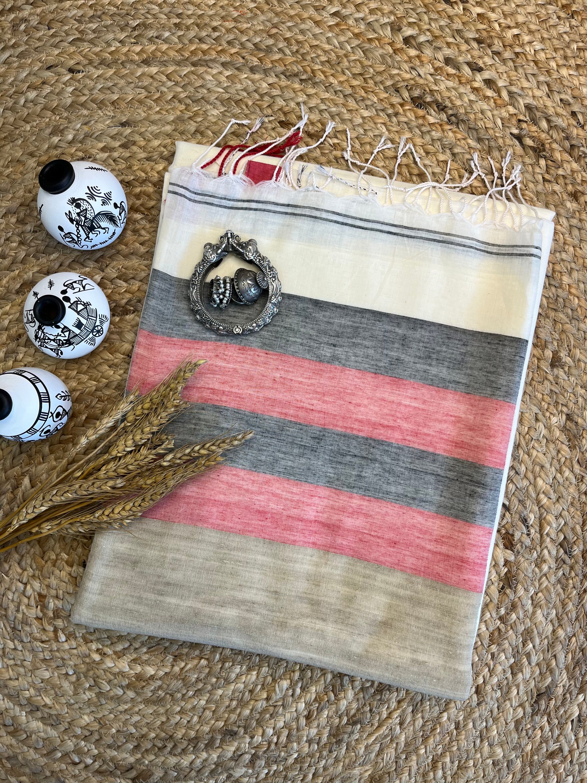 Elegant Handwoven Linen Saree with Multicolored Stripes - WEVOW