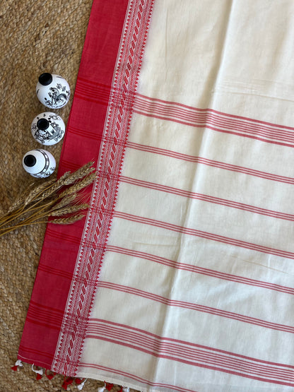 Timeless Ivory Saree with Red Accents - WEVOW