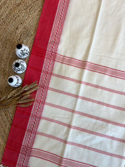 Timeless Ivory Saree with Red Accents - WEVOW