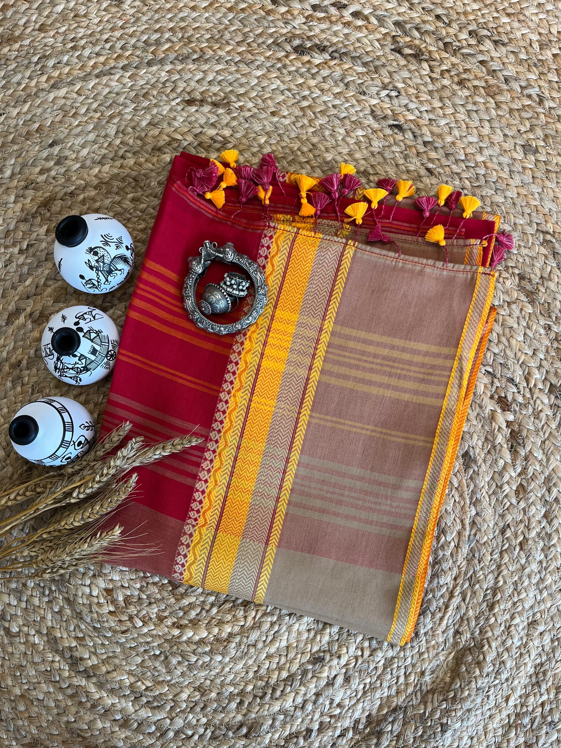 Chic Red Saree with Vibrant Yellow Borders - WEVOW