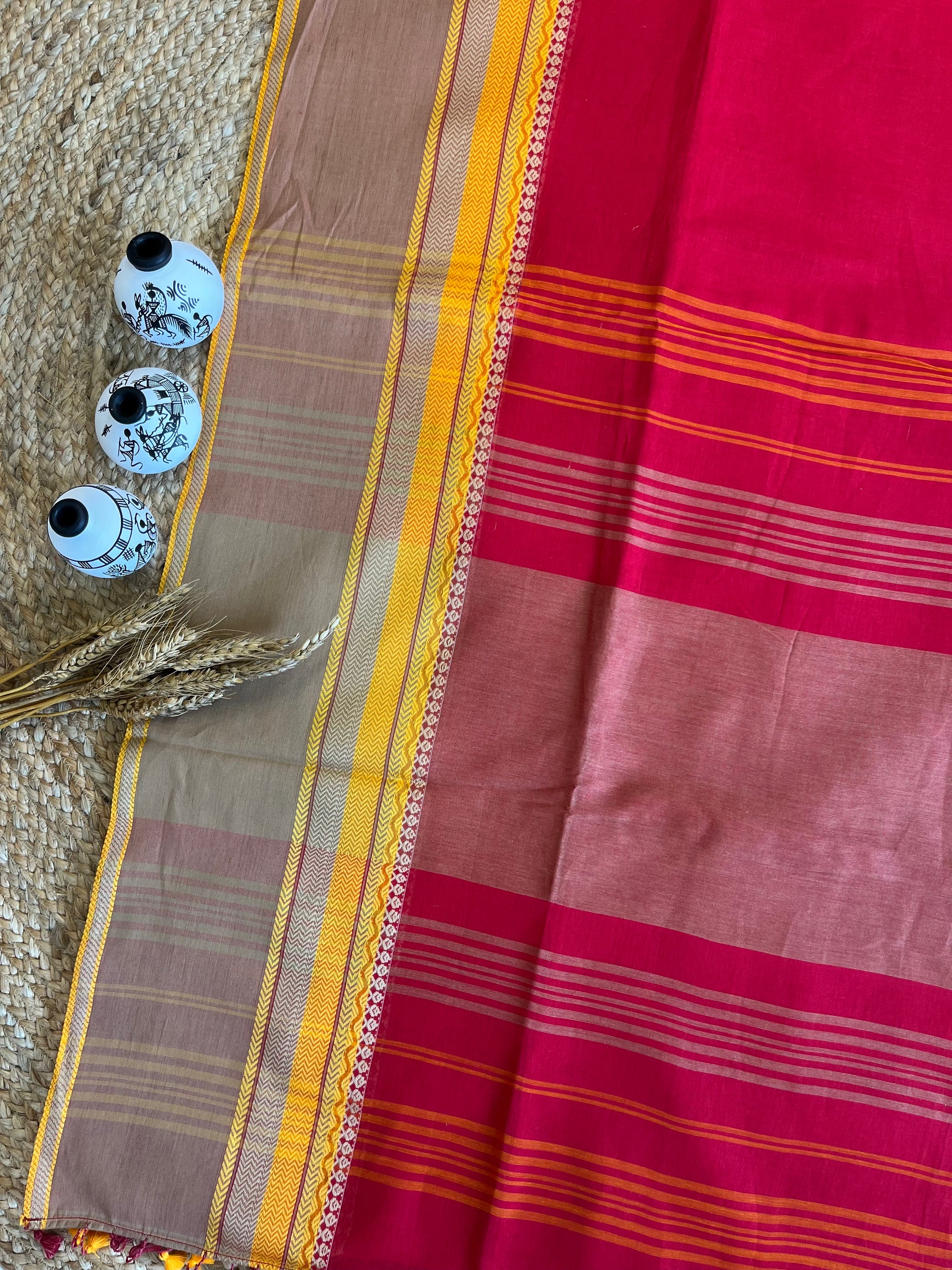 Chic Red Saree with Vibrant Yellow Borders - WEVOW