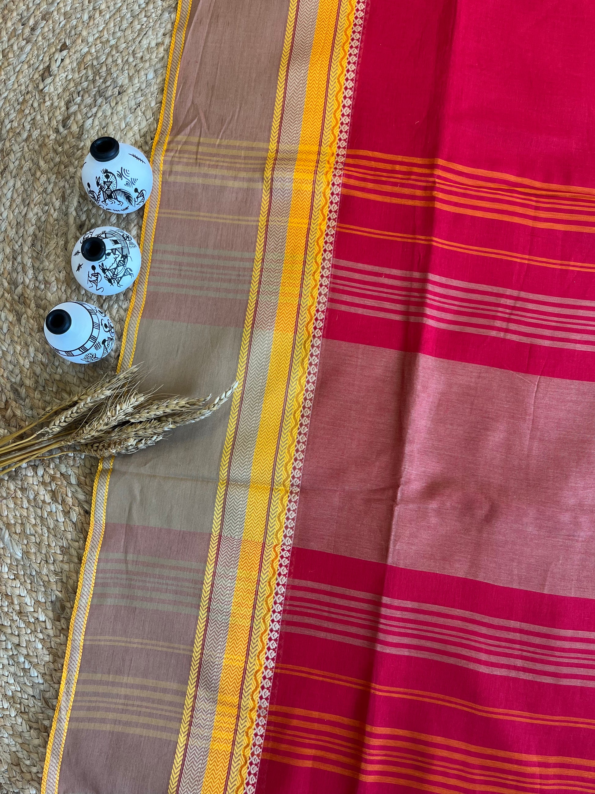 Chic Red Saree with Vibrant Yellow Borders - WEVOW