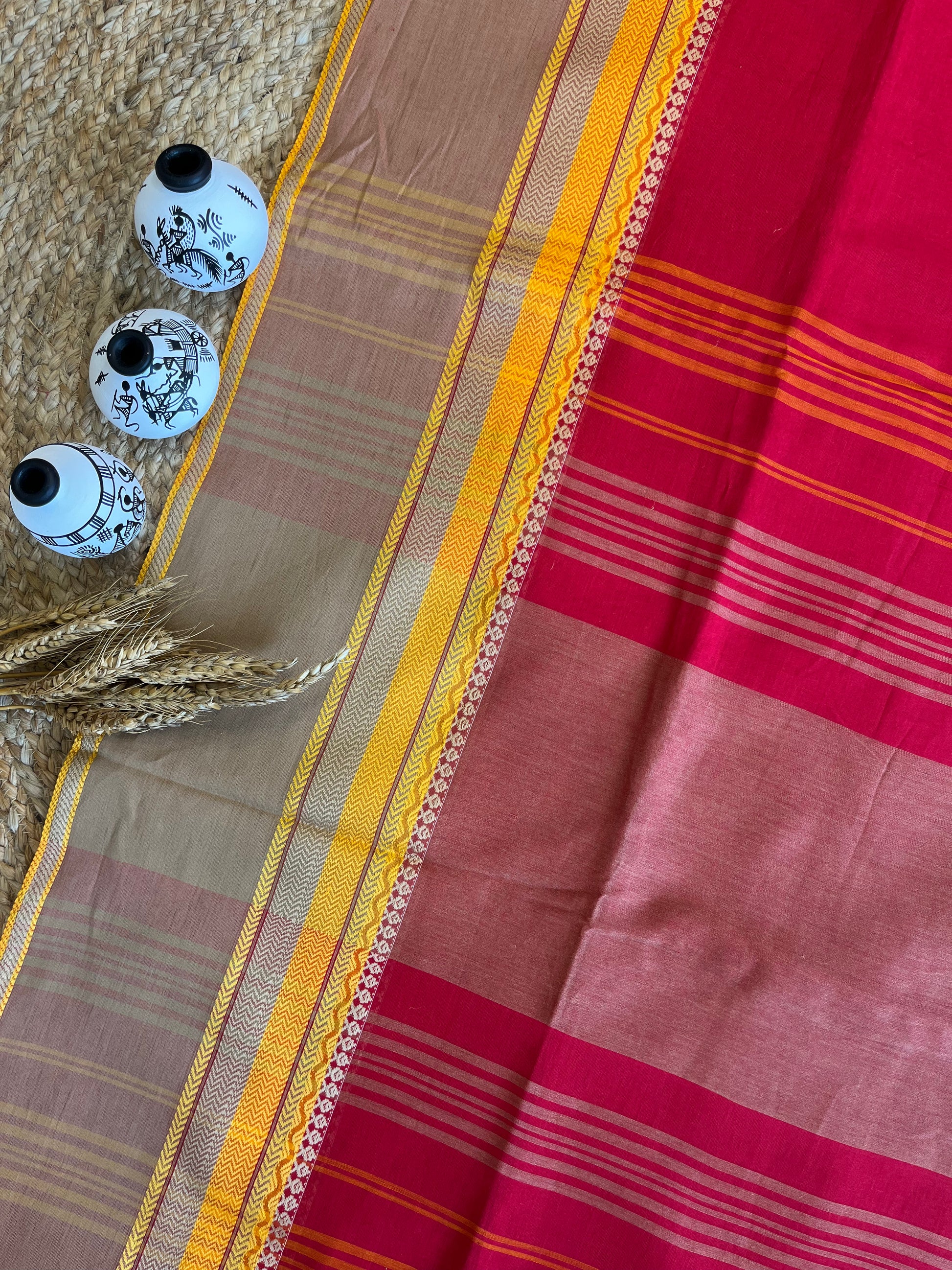 Chic Red Saree with Vibrant Yellow Borders - WEVOW