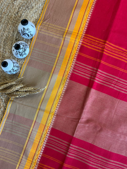 Chic Red Saree with Vibrant Yellow Borders - WEVOW