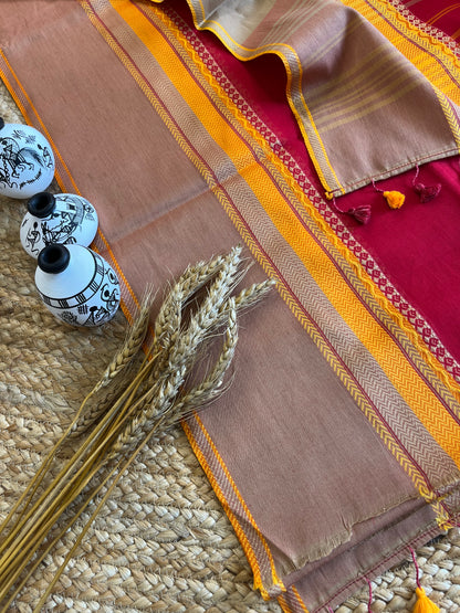 Chic Red Saree with Vibrant Yellow Borders - WEVOW