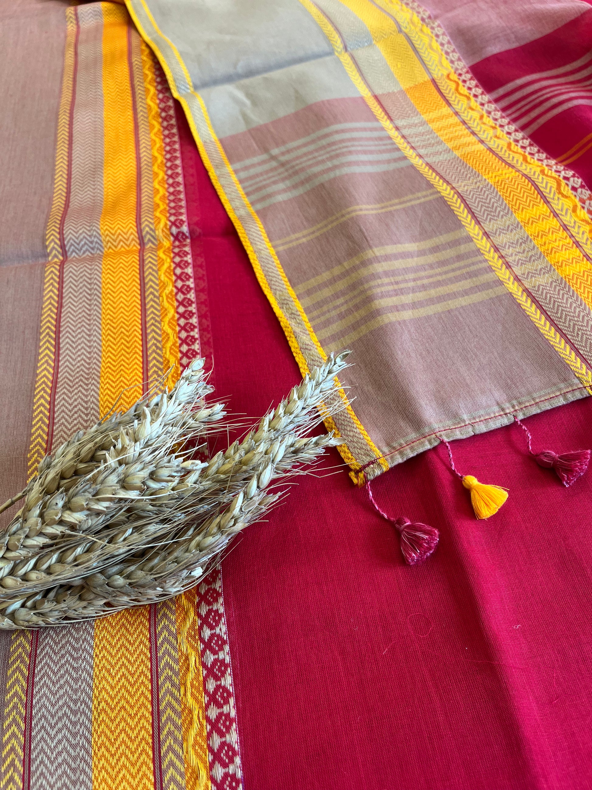 Chic Red Saree with Vibrant Yellow Borders - WEVOW