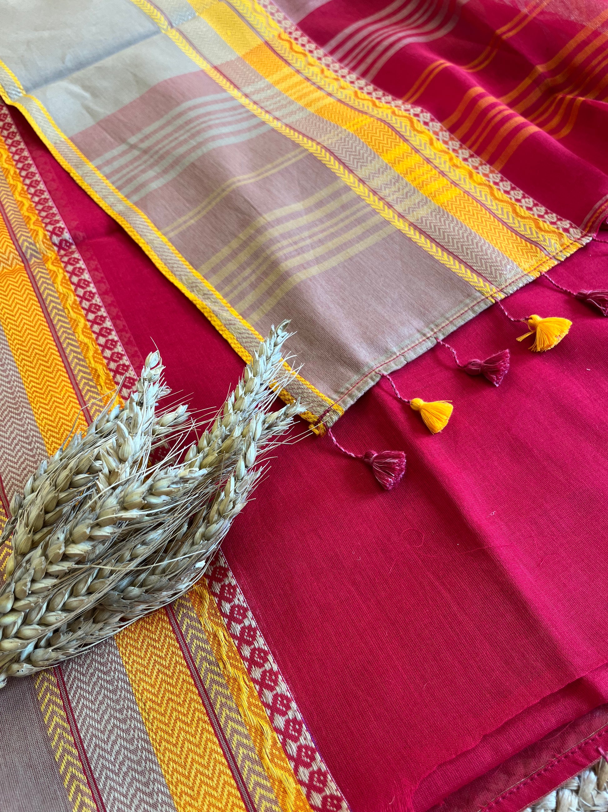 Chic Red Saree with Vibrant Yellow Borders - WEVOW