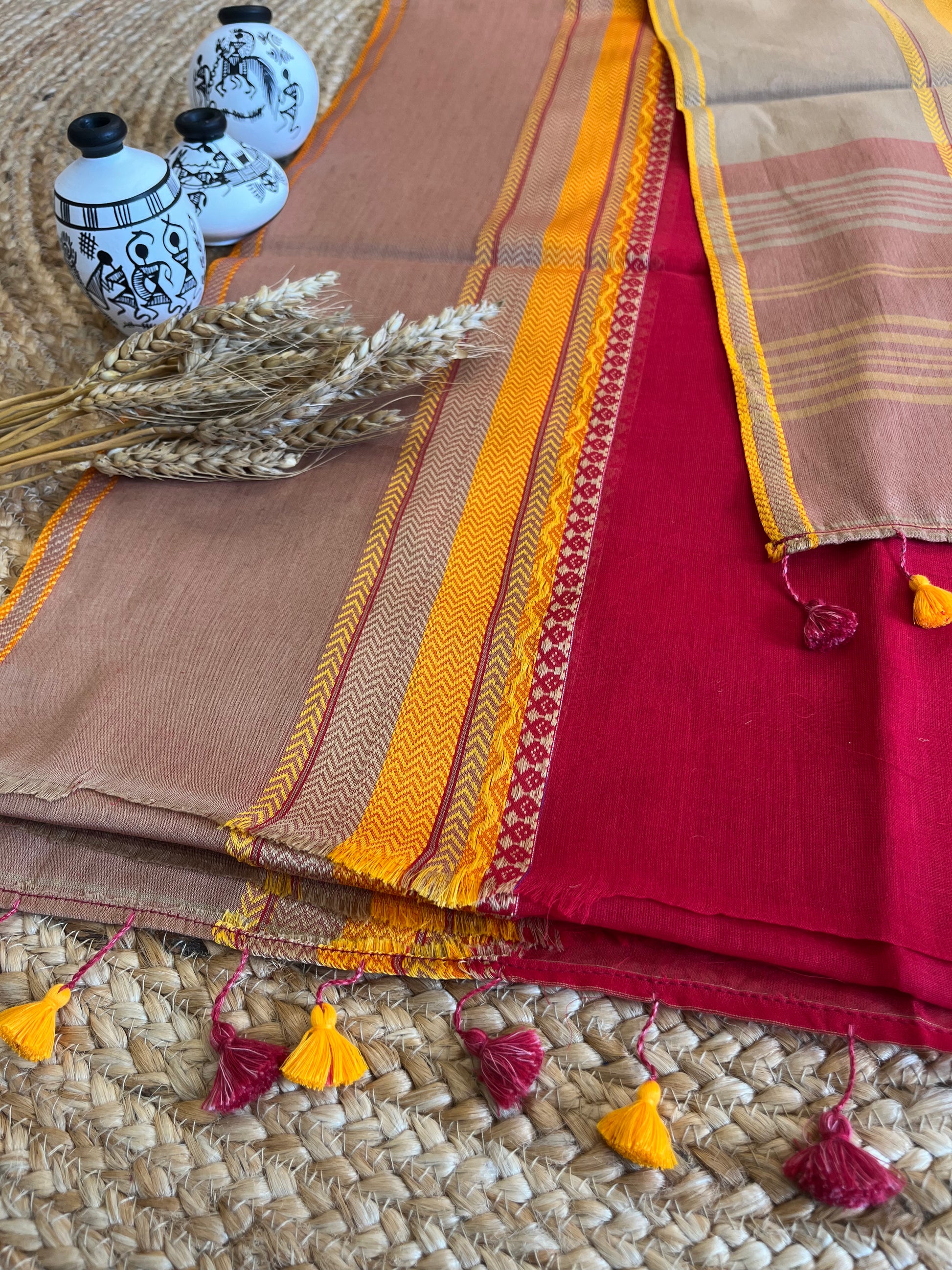 Chic Red Saree with Vibrant Yellow Borders - WEVOW
