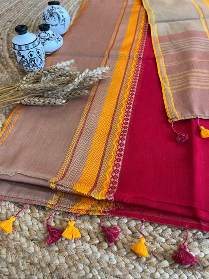 Chic Red Saree with Vibrant Yellow Borders - WEVOW