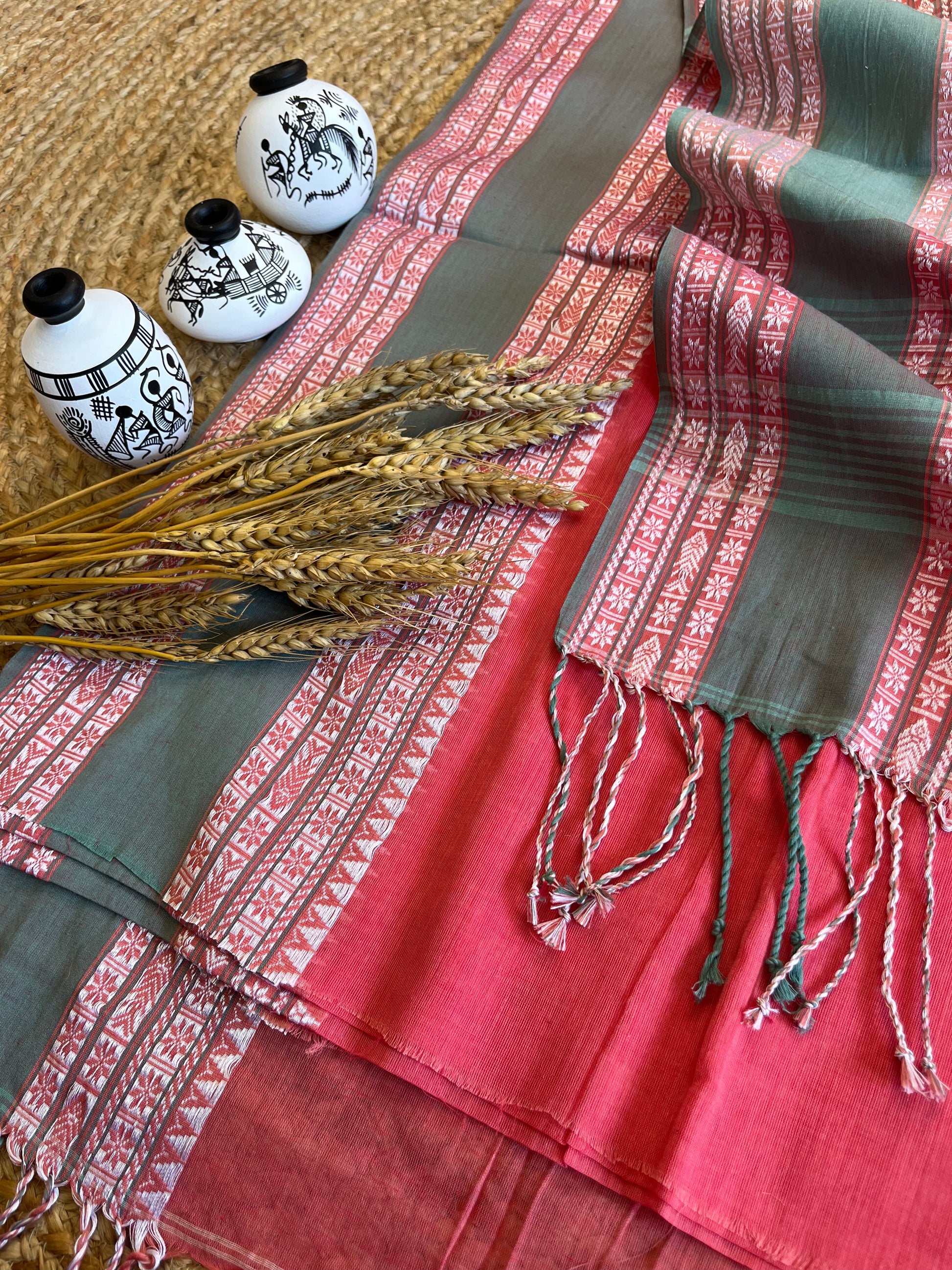 Pink and Grey Fusion Cotton Saree - WEVOW
