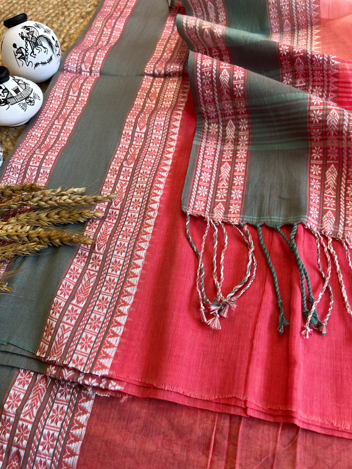 Pink and Grey Fusion Cotton Saree - WEVOW