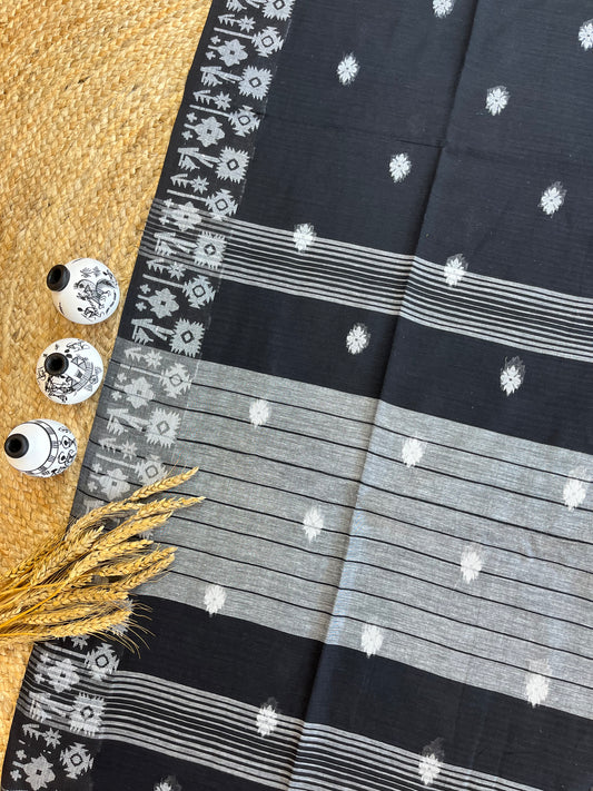 Black Beauty Cotton Jamdani Saree - WEVOW
