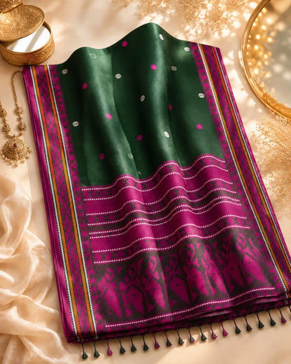 Forest Green Pure Cotton Weaving Saree with Magenta Woven Pallu & Geometric Motifs