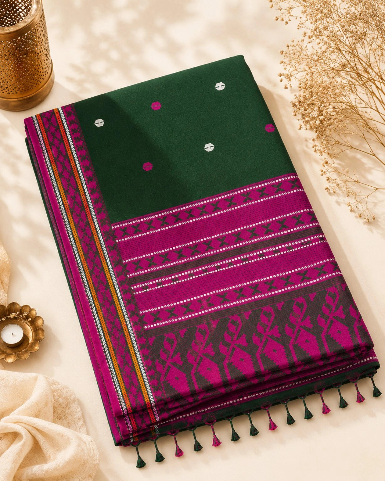 Forest Green Pure Cotton Weaving Saree with Magenta Woven Pallu & Geometric Motifs