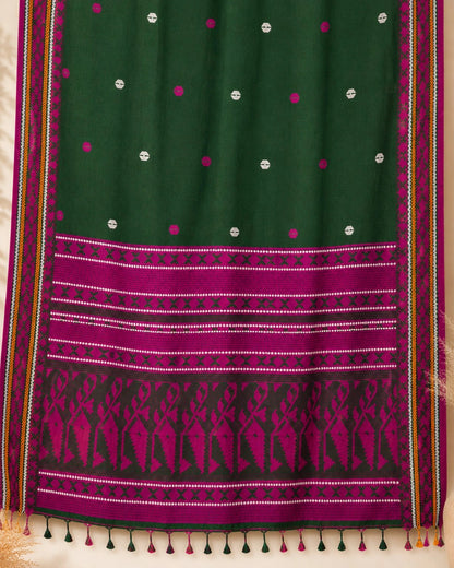 Forest Green Pure Cotton Weaving Saree with Magenta Woven Pallu & Geometric Motifs