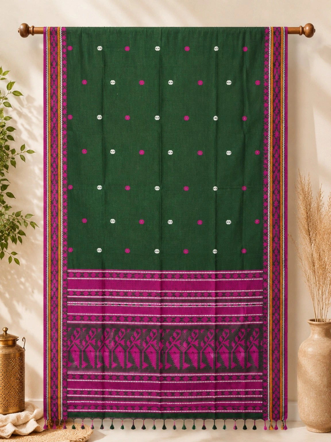 Forest Green Pure Cotton Weaving Saree with Magenta Woven Pallu & Geometric Motifs