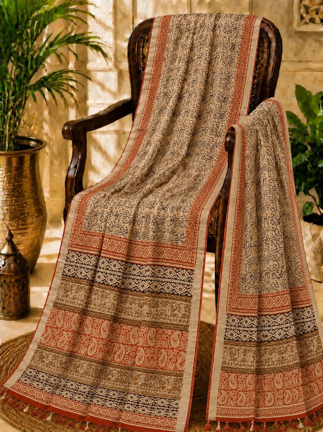 Beige Linen Kalamkari Saree with Tribal Art Print, Paisley Border & Tassel Pallu