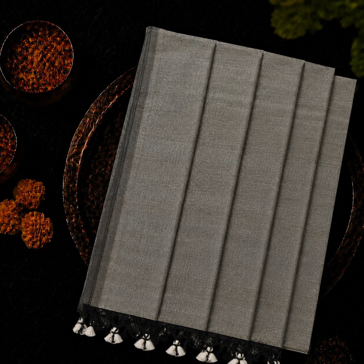Charcoal Grey Plain Khadi Saree with Black Border and Handcrafted Tassel Pallu