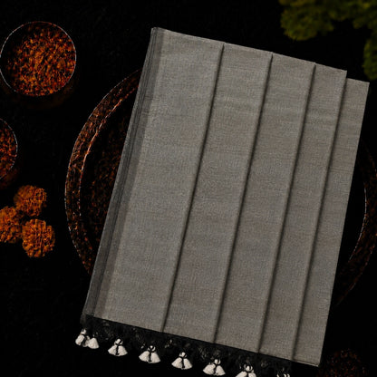 Charcoal Grey Plain Khadi Saree with Black Border and Handcrafted Tassel Pallu