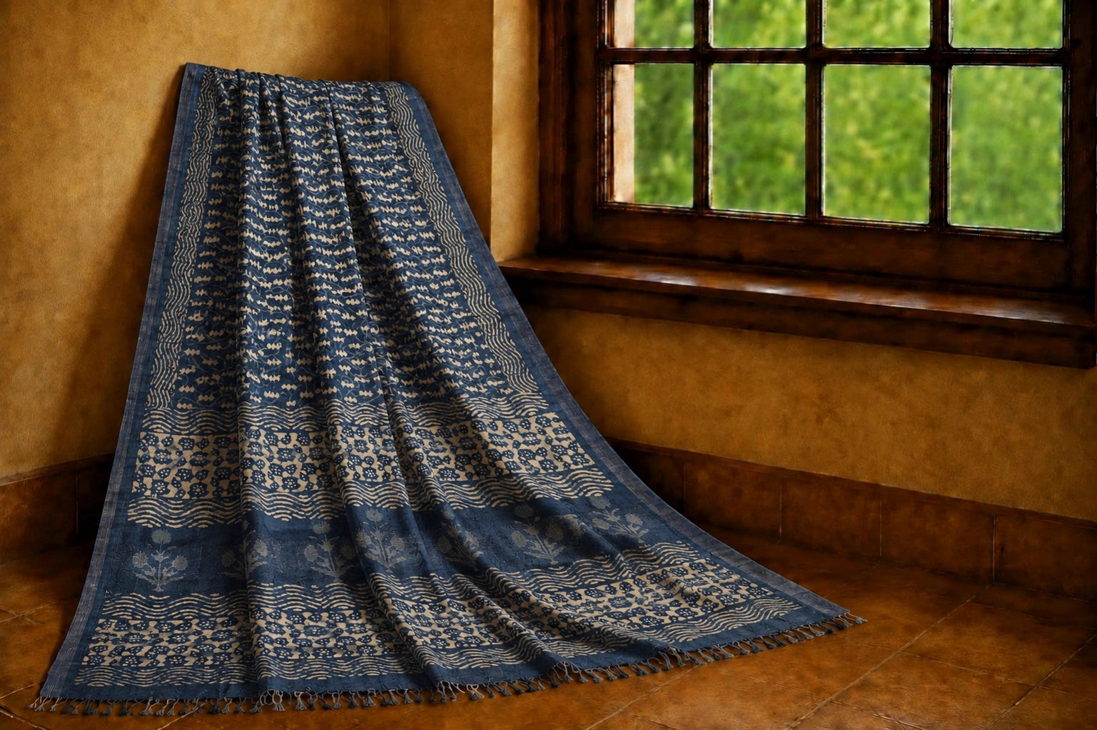 Indigo Blue Linen Saree with Traditional Floral Border Print and Tassel Pallu