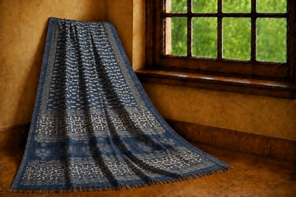 Indigo Blue Linen Saree with Traditional Floral Border Print and Tassel Pallu