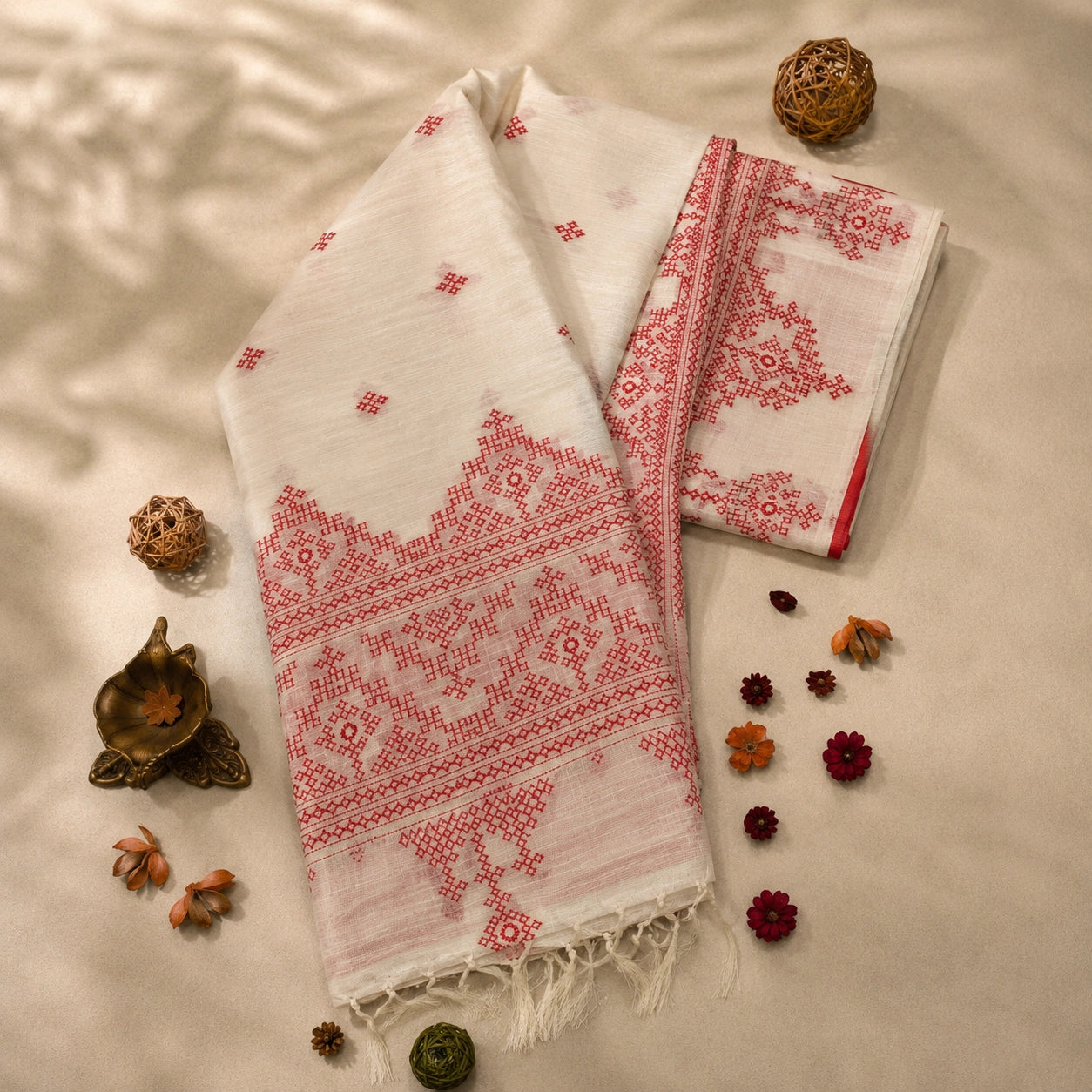 Off White Semi Tussar Embroidery Saree with Red Ethnic Woven Border and Tassel Pallu
