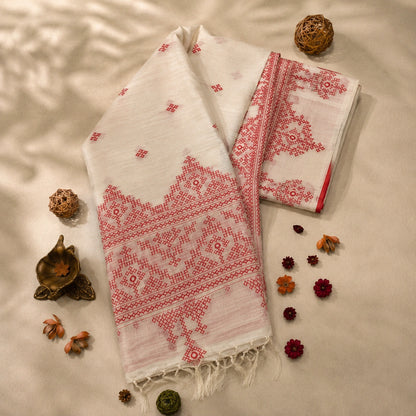 Off White Semi Tussar Embroidery Saree with Red Ethnic Woven Border and Tassel Pallu