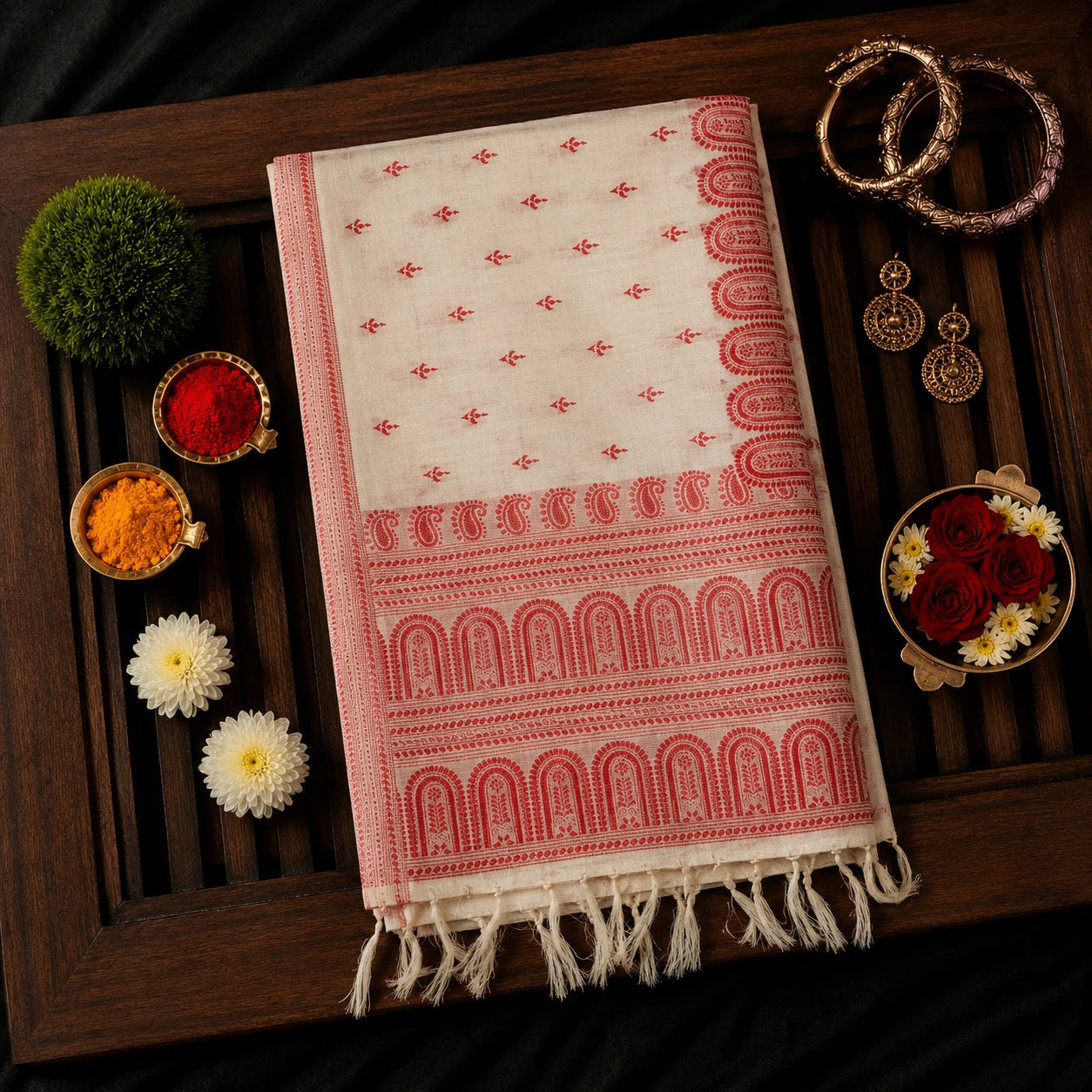 Off White Semi Tussar Saree with Red Traditional Temple Border and Allover Buti Weaving