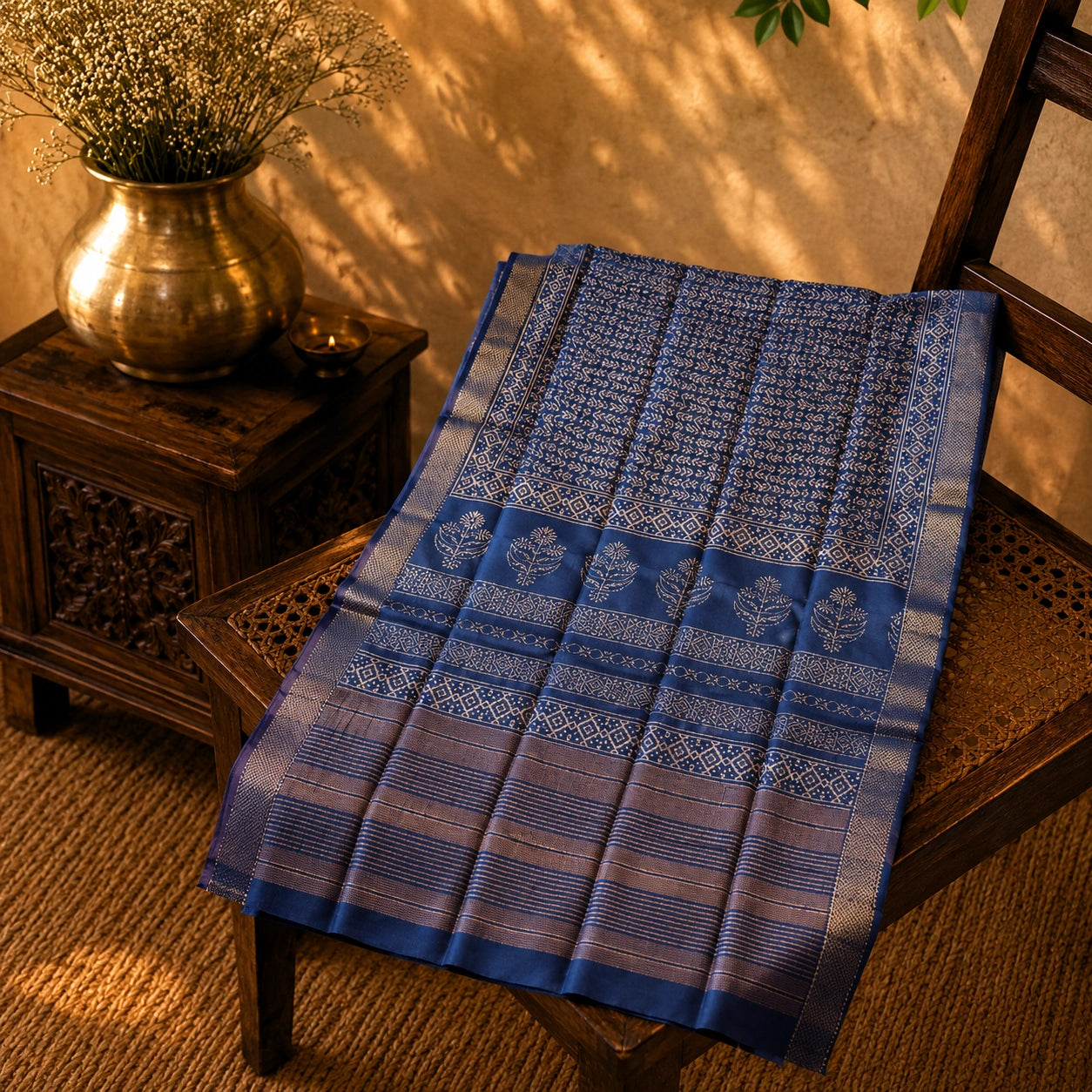 Royal Blue Maheshwari Saree with Silver Zari Tribal Buta Weaving and Ornate Border