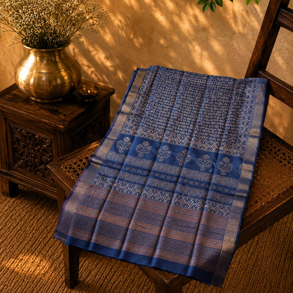 Royal Blue Maheshwari Saree with Silver Zari Tribal Buta Weaving and Ornate Border