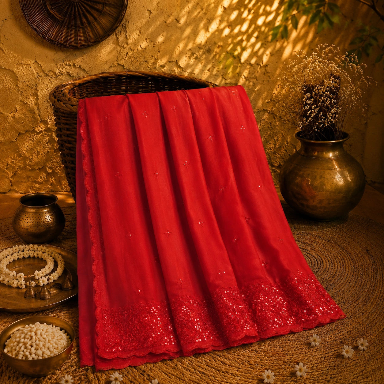 Red Chanderi Sequence Saree with Allover Sequin Detailing and Embellished Border