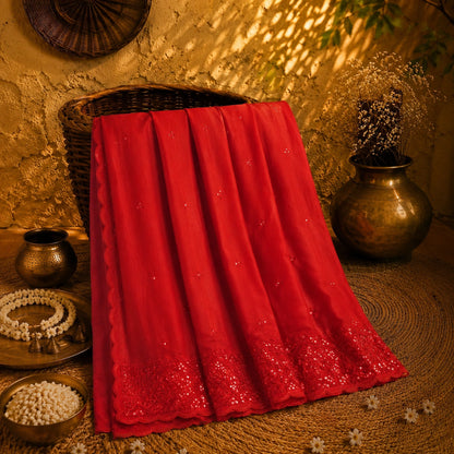 Red Chanderi Sequence Saree with Allover Sequin Detailing and Embellished Border
