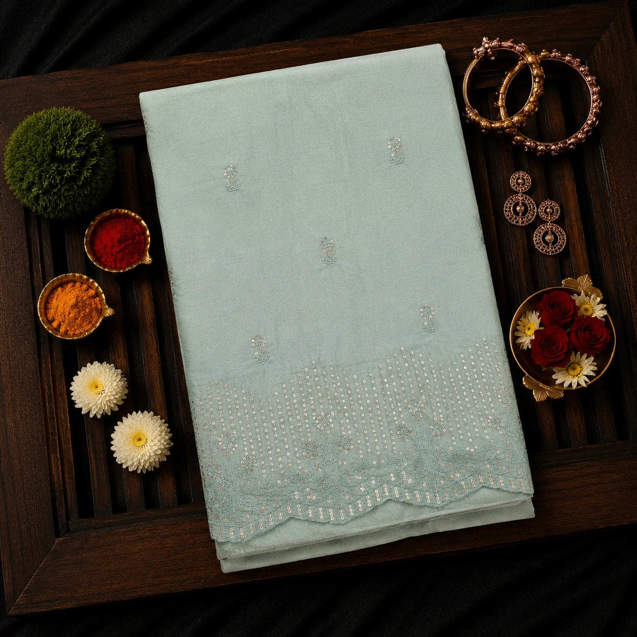 Powder Blue Chanderi Sequence Saree with Floral Buti Work and Embroidered Border