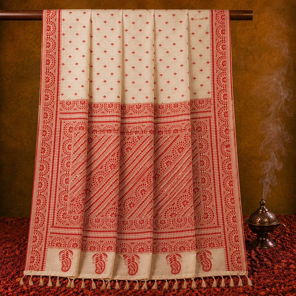 Off White Semi Tussar Saree with Red Traditional Floral Border and Paisley Pallu Design
