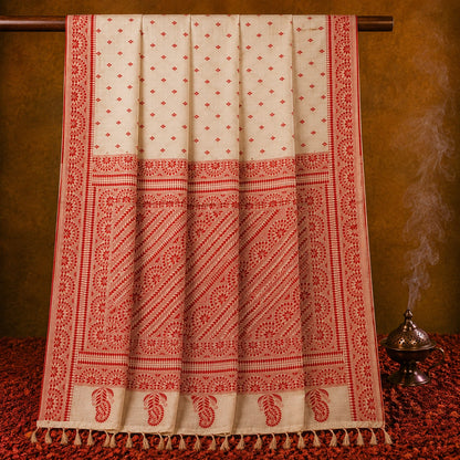 Off White Semi Tussar Saree with Red Traditional Floral Border and Paisley Pallu Design
