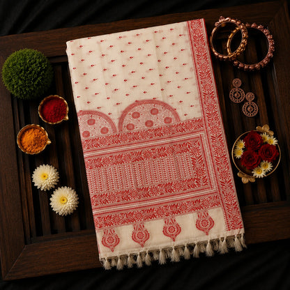 Off White Semi Tussar Saree with Red Floral Heritage Border and Traditional Folk Motif Pallu
