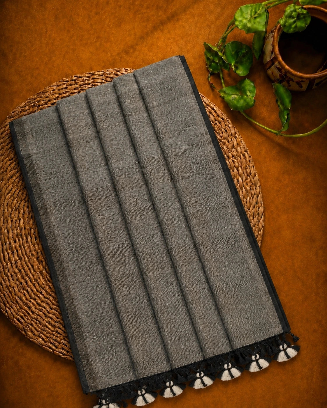 Charcoal Grey Plain Khadi Saree with Black Border and Handcrafted Tassel Pallu
