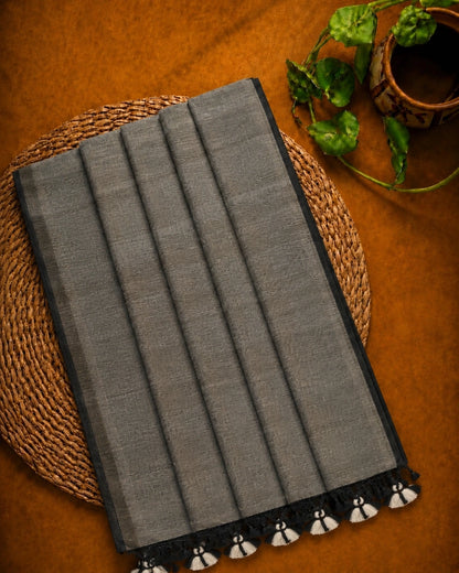 Charcoal Grey Plain Khadi Saree with Black Border and Handcrafted Tassel Pallu