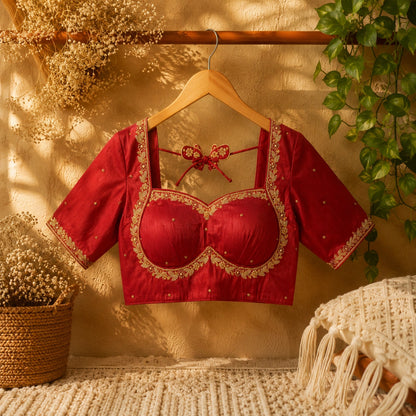 Bridal Ari Work Raw Silk Maroon Blouse for Women Embroidered Sweetheart Neck Wedding Blouse
