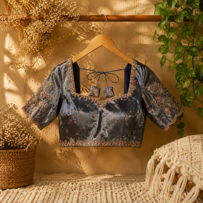 Steel Grey Tissue Ari Work Glass Sleeve Blouse for Women Floral Woven Ethnic Designer Blouse