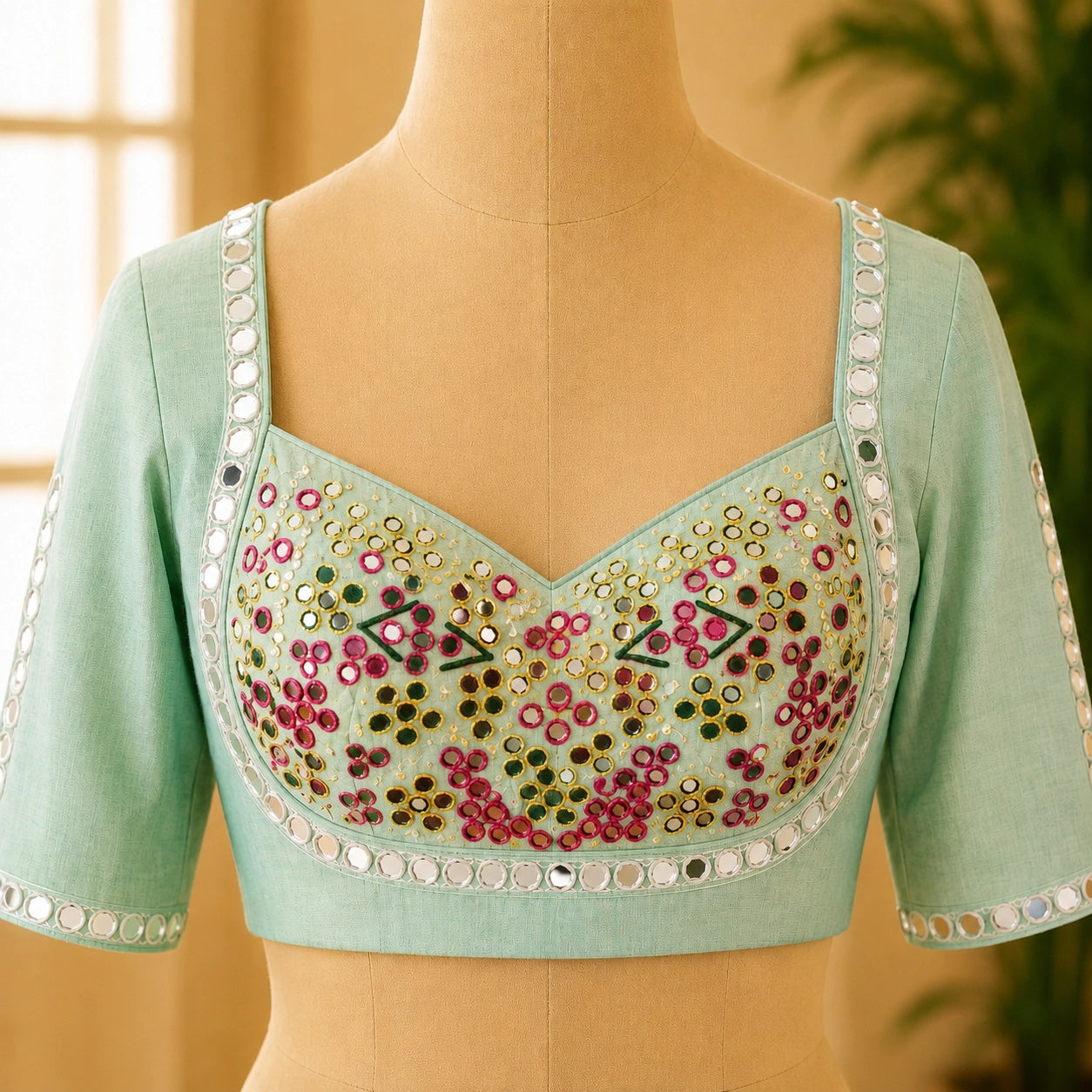 WEVOW Mint Green Pure Cotton Handwork Mirror Glass Embroidered Blouse for Women Festive Ethnic Wear