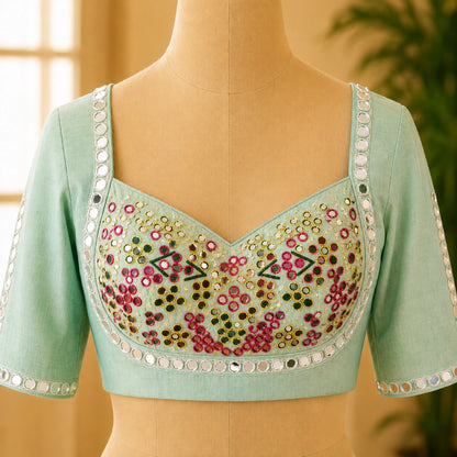 WEVOW Mint Green Pure Cotton Handwork Mirror Glass Embroidered Blouse for Women Festive Ethnic Wear