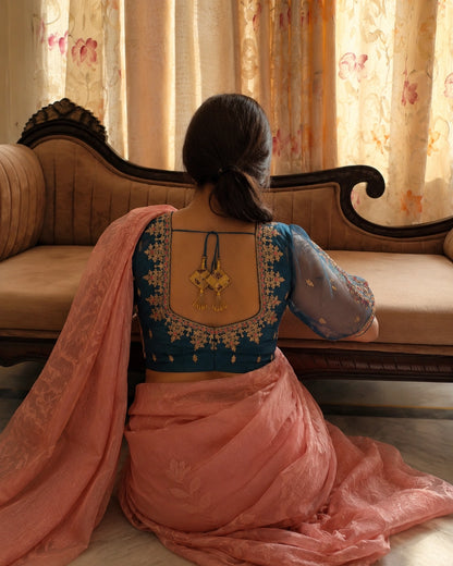 Blue Raw Silk Zardozi Embroidered Blouse with Sheer Net Sleeves