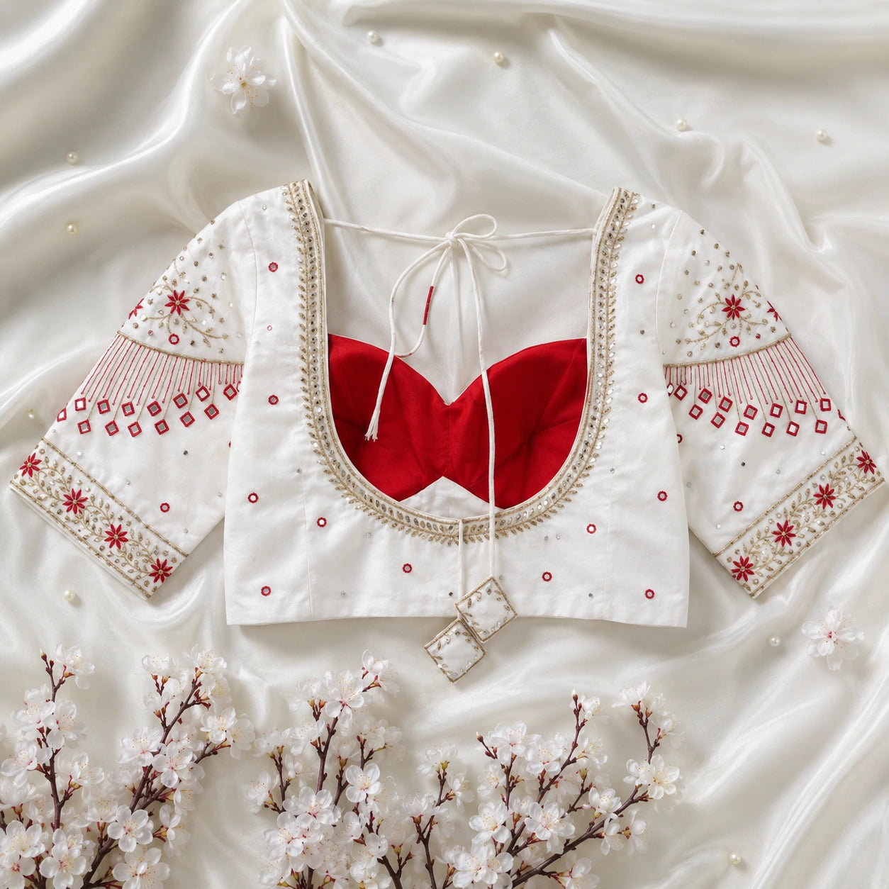 White Raw Silk Mumtaz Cut Ari Work Blouse with Mirror Embellishments & Sweetheart Neck